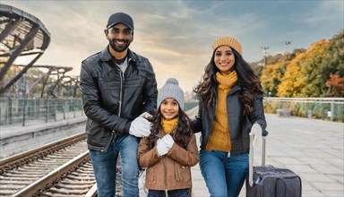 AI generated, A young family wants to travel and waits in the station for the train, 30, 35, years,