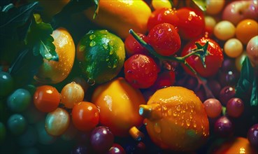 Tomatoes background. Top view of different varieties of tomatoes. Vegetables background. AI