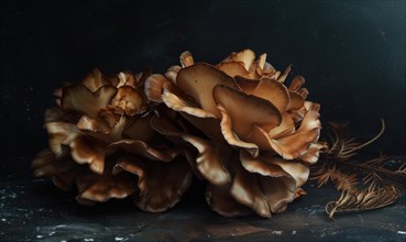 Mushroom Pleurotus ostreatus on dark background. AI generated