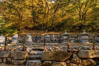 Collection of Buddhist stone carved urns on display at woodland park in South Korea