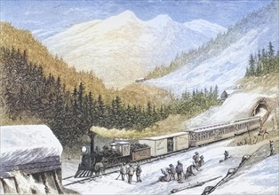Steam train with US mail through the Sierra Nevada in the 1870s. From American Pictures Drawn With