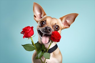Funny dog with open mouth and red rose flowers on blue bakcground. KI generiert, generiert AI