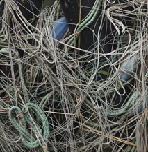 Synthetic cord and ropes in a pile, Hvide Sande, Region Midtjylland, Denmark, Europe