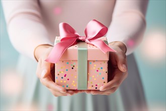 Gift giving. Female hands holding pastel colored gift box with pink bow. KI generiert, generiert AI