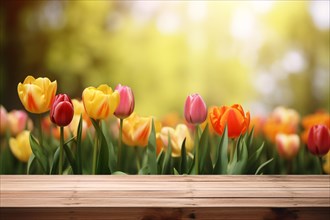 Empty wooden table with defocused colorful tulip spring flowers in background. KI generiert,