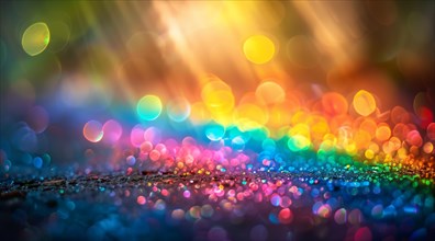 Vibrant and colorful bokeh light particles creating a glittery, defocused abstract effect, ai