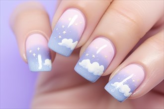 Woman's fingernails with pastel colored cloud design nail polish. KI generiert, generiert AI
