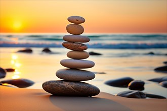 Zen stacking stones at beach with beautiful sunset. KI generiert, generiert AI generated