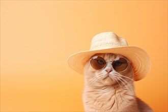 Cat with sunglasses and summer straw hat in front of yellow background with copy space. KI