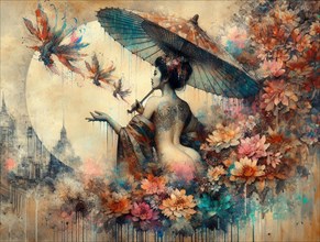 Painting of a woman with an umbrella and koi fish dragons among flowers in a tranquil setting,