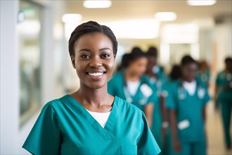Young African american woman in medical scrub. Female doctor or nurse in hospital. KI generiert,