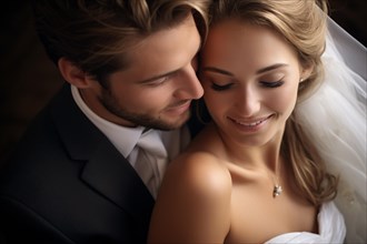 Affectionate bride and groom in wedding garments. KI generiert, generiert AI generated