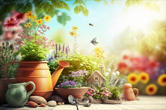 Serene garden setting with a terracotta watering can among vibrant plants and flowers, Spring