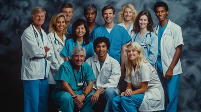 Group of smiling doctors in medical uniforms posing for a professional team photo, ai generated, AI