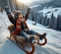 A little boy, about 5 years old, sits on a sledge, a toboggan, and cheers in a snowy landscape, AI