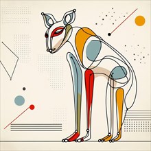 Vibrant abstract geometric design of a fox with bold colors, continuous line art, creature is