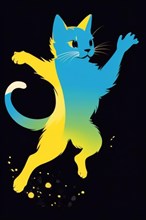 Vibrant illustration of a cat with a dynamic yellow to blue gradient, minimalist vintage design