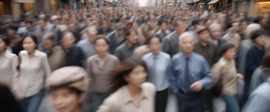 Blurred movement of a dense crowd on a city street conveying rush and anonymity, horizontal wide