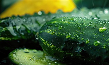 Fresh cucumbers with drops of water on a dark background close up. AI generated