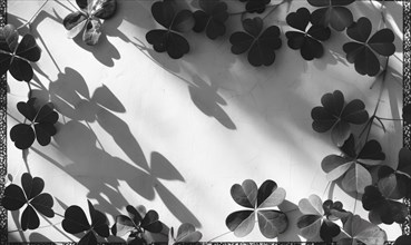 Black and white photo of clover leaves on a white wall. AI generated