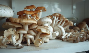 Mushrooms on the shelf in the kitchen. Shallow depth of field. AI generated