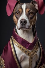 Regal dog in a noble costume, exuding seriousness and vintage charm, over grey solid studio