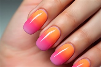 Close up of woman's fingernails with ombre pink and orange nail art design. KI generiert, generiert