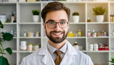 AI generated, A young pharmacist in his pharmacy, portrait, 30, 35, years, man, men, male, bearded,