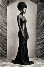 Vibrant black Woman and with a afro hairstyle in a long black dress standing side profile with a