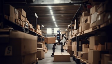 Robot loader loads boxes with cargo, modern technologies in the logistics industry, AI generated