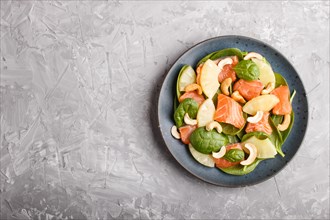Fresh salmon with pineapple, spinach and cashew on a gray concrete background. Top view, copy
