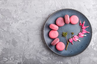 Purple and pink macaron or macaroon cakes with bleeding heart flowers on blue ceramic plate on a