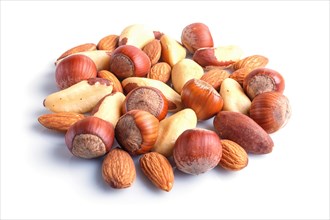 Piles of various nuts isolated on white background. hazelnut, brazil nut, almond, pumpkin seeds,