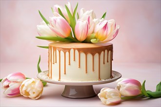 Cream cake with spring tulip flowers on cake stand. KI generiert, generiert AI generated