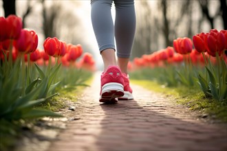 Close up of woman's feet with sport shoes jogging in park with red tulip spring flowers. KI
