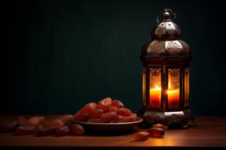 Ramadan lantern with a plate of succulent figs on dark background, set on an ornate table with