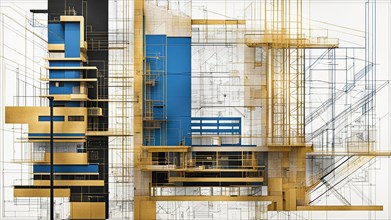 Detailed architectural plan of a blue and gold palette, high-rise building, horizontal aspect