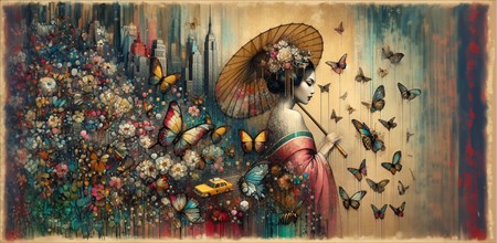 A richly colored scene portraying a geisha among flowers and butterflies with a vintage taxi,