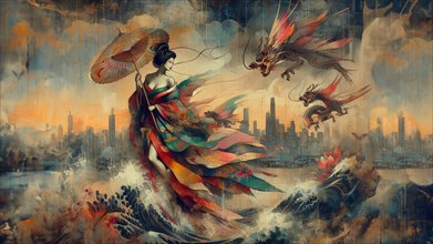 Dynamic fantasy art of a woman with flowing robes and a dragon with a city skyline background,