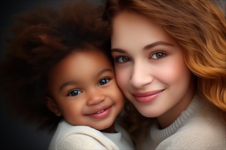 Portrait of interacial family with caucasian mother and mixed african american and caucasian child.