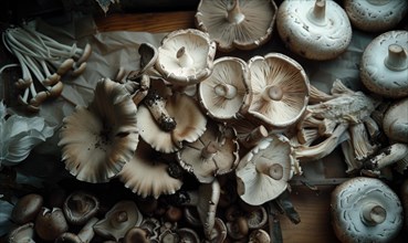 Mushrooms on wooden background. Top view. Selective focus AI generated
