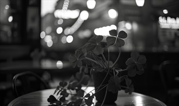Monochrome photo of clover plant in a pot on the table. AI generated