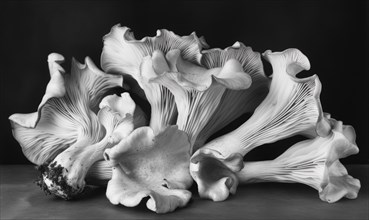 Fresh oyster mushrooms on black background. Black and white photo AI generated