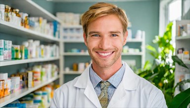 AI generated, A young pharmacist in his pharmacy, portrait, 30, 35, years, man, men, male, bearded,