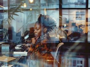A contemplative woman in a modern office setting with reflections on the glass, african american at