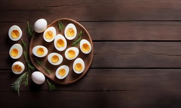 Boiled eggs with herbs on a wooden table AI generated