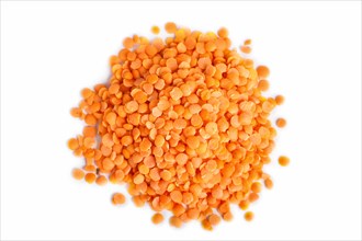Pile of red lentils isolated on white background. Top view