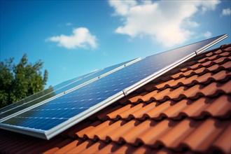 Solar energy panels on house roof with blue sky and shining sun. KI generiert, generiert AI