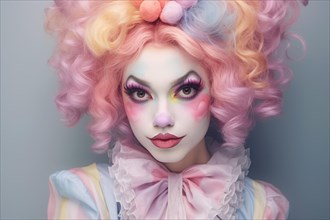 Pretty pastel colored female clown. Woman dressed up in clown costume with curly hair and face