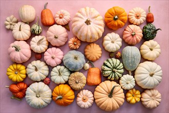 Top view of many different colorful pumpkins and squashes on pink background. KI generiert,